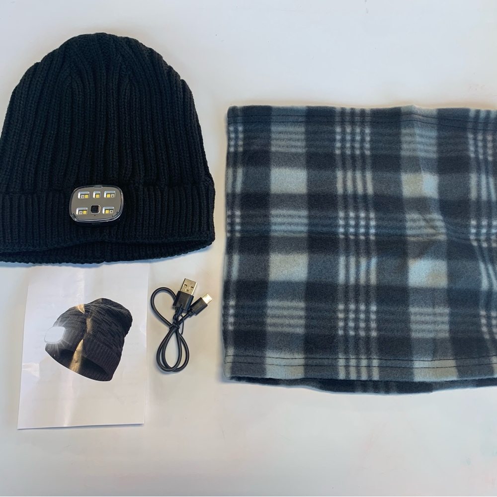 Black LED Beanie and Plaid Scarf Set